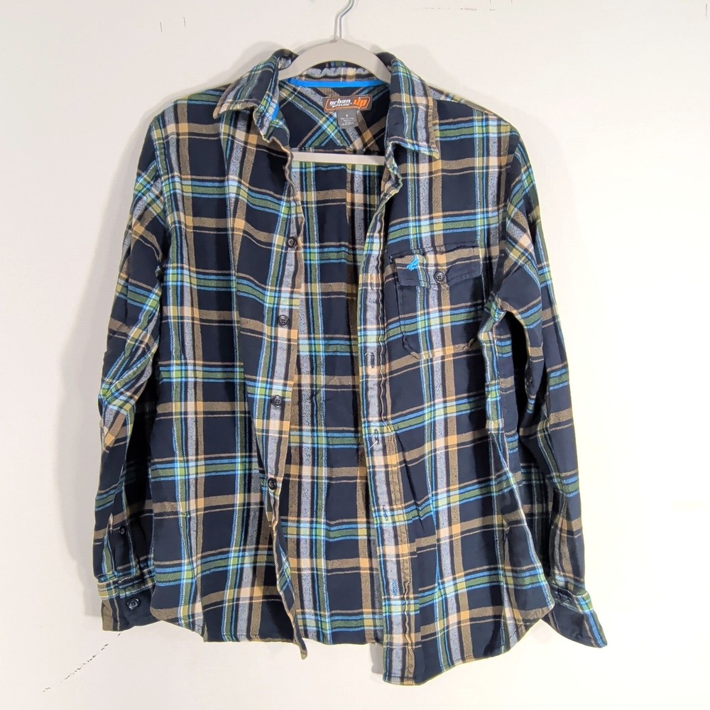 Urban Pipeline Black Plaid Button Down; Long Sleeve, Flannel, Cotton, Small
